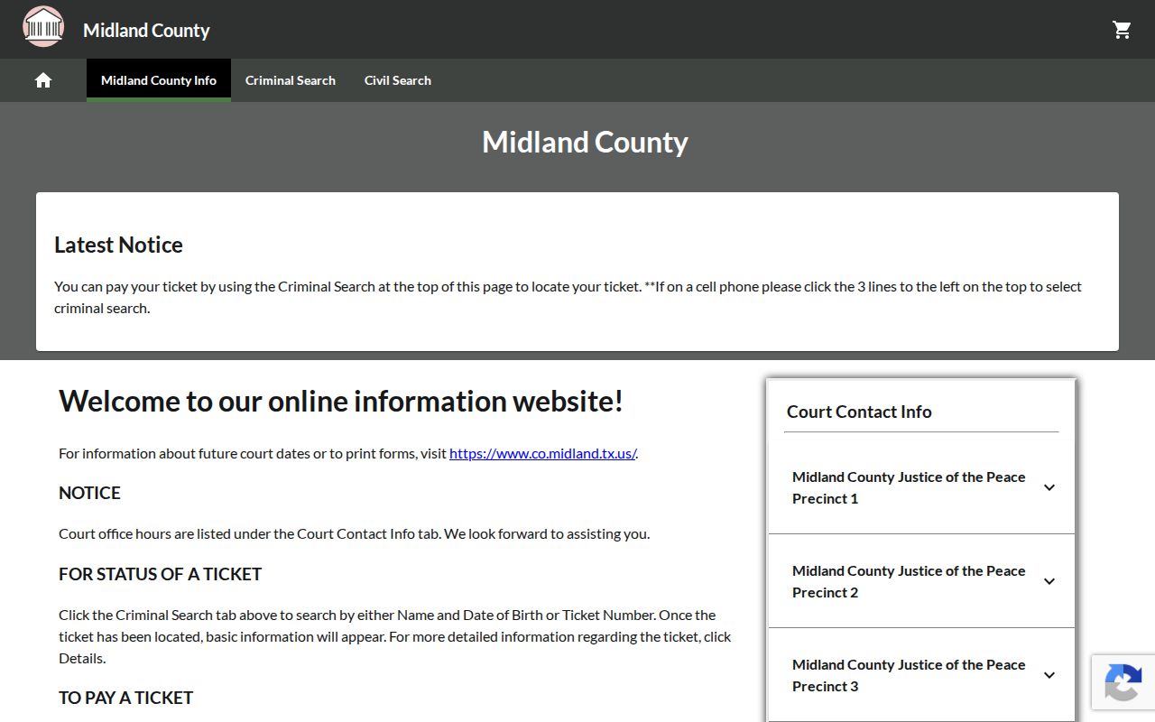 Midland County traffic warrant context at a blank JP payment portal
