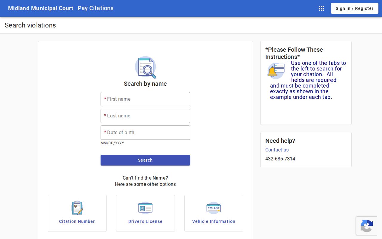 Midland County municipal warrant citation portal with blank search fields