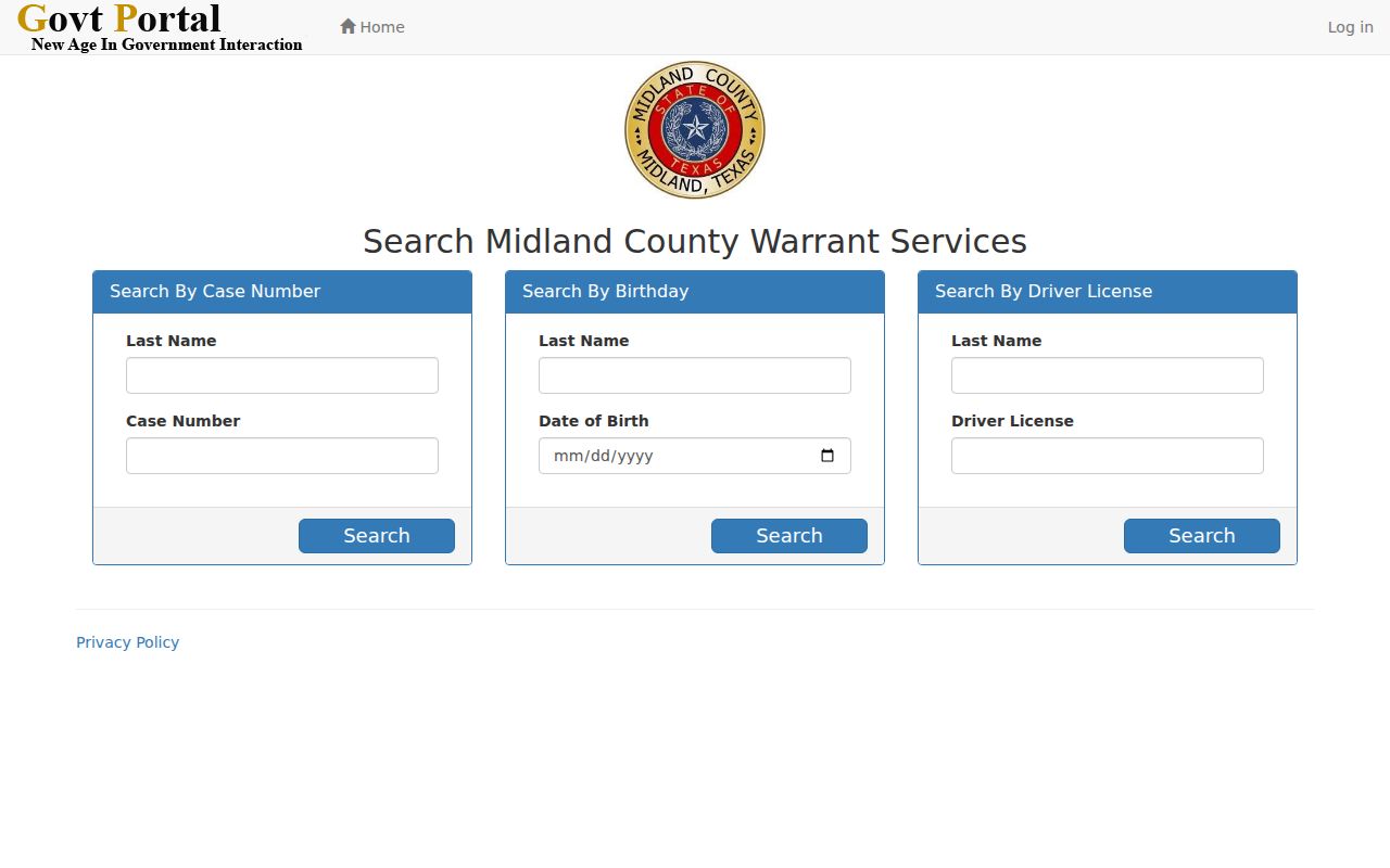 Midland County warrant lookup with blank case and identity fields