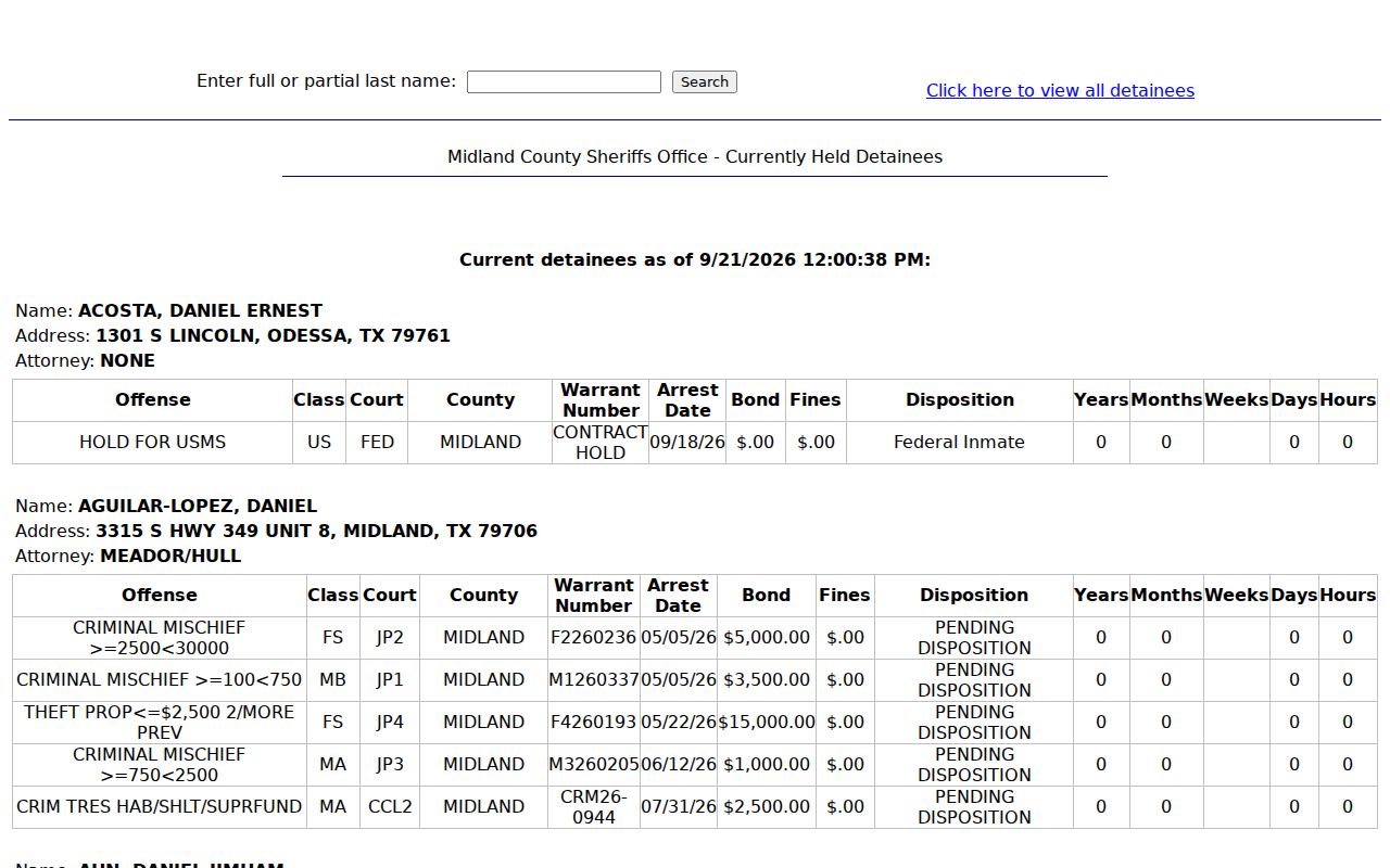 Midland County current detainee search box and fields, not a complete warrant list
